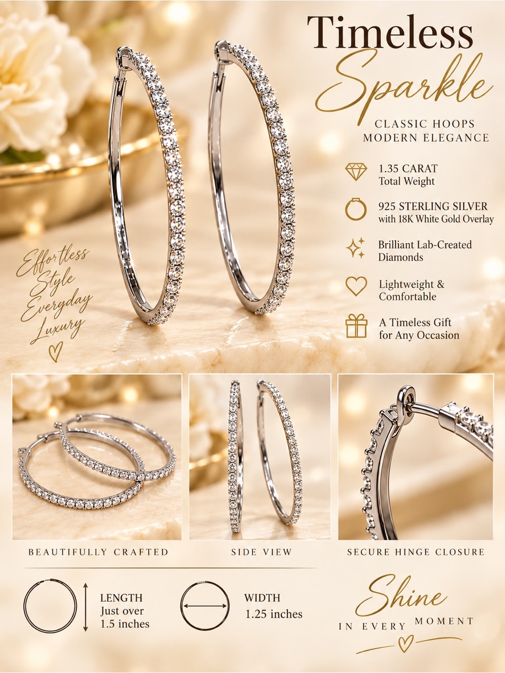 Authentic Lab Diamond Hoop Earrings 1.35 ctw
